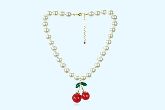 Retro Cherry and Pearl necklace & Swarovski Crystals Camp | Etsy