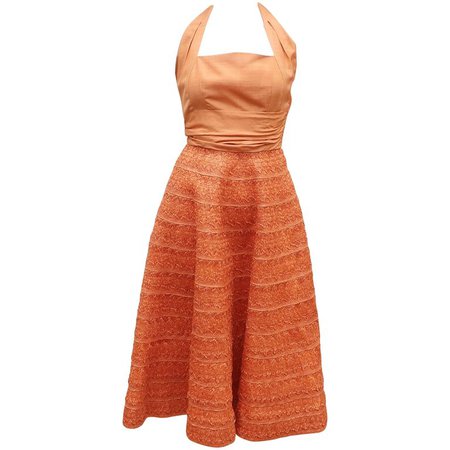 1950's Adele Simpson Shantung Silk Halter Dress With Raffia Skirt For Sale at 1stdibs