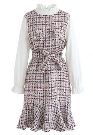 uk.chicwish.com | Pink and gray tweed dress blouse