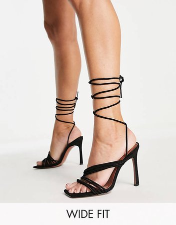 ASOS DESIGN Wide Fit Nest strappy tie leg heeled sandals in black | ASOS