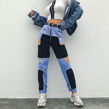 black and blue cut-out pants