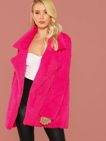 Neon Pink Notch Collar Faux Fur Coat | SHEIN USA