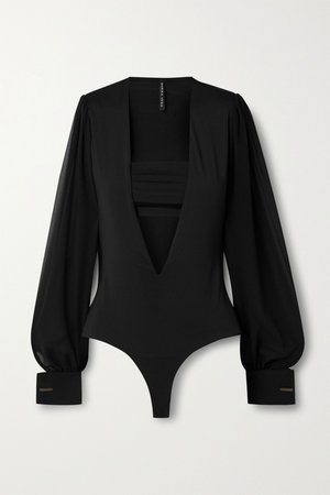 Black Hutton layered stretch-jersey and chiffon thong bodysuit | Marika Vera | NET-A-PORTER