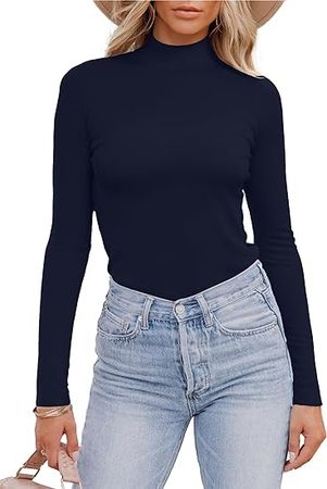 Areecin Women's Mock Neck Tops Long Sleeve Shirts Ribbed Knit Slim Fitted Casual Pullovers Tee Basic Tops at Amazon Women’s Clothing store