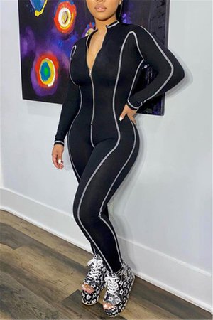 Fashion Long Sleeve Black Zipper Sports Jumpsuit
