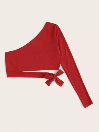 One Shoulder Knot Rib-knit Crop Top | ROMWE