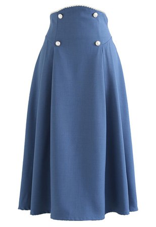 Pearly Waist Buttoned A-Line Midi Skirt in Blue - Retro, Indie and Unique Fashion