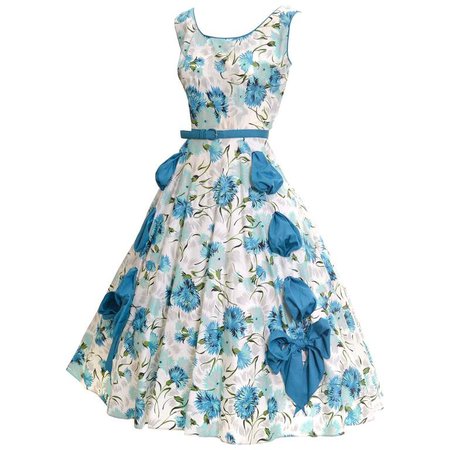 1950s Blue Floral Vintage Dress