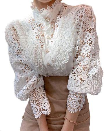 Women’s Stand Collar Lace Patchwork Shirts Casual Hollow Out Flower Petal Sleeve Button Tops at Amazon Women’s Clothing store