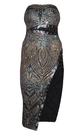 Black Glitter Lace Bandeau Midi Dress | PrettyLittleThing