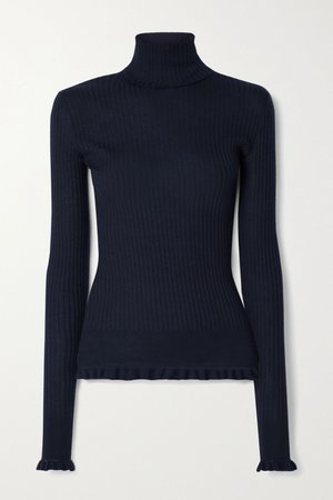 Navy Arzino ruffled ribbed cashmere and silk-blend turtleneck sweater | The Row | NET-A-PORTER