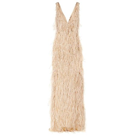 New Oscar De La Renta Ostrich Feather and Crystal-Embellished Tulle Beige Gown 8 For Sale at 1stDibs