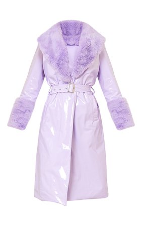*clipped by @luci-her* Lilac Vinyl Faux Fur Maxi Trench Coat | PrettyLittleThing USA