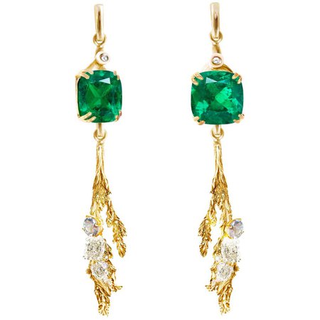 Juniper Earrings by Artist, GRS Certified 7.92 Cts Colombian Muzo Green Emeralds For Sale at 1stdibs