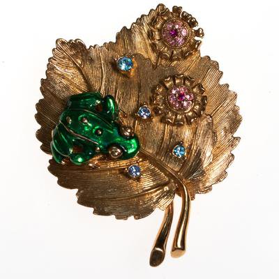 Vintage RJ Graziano Gold Bejeweled Leaf Brooch with Frog - Vintage Meet Modern