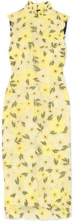 Josie Embellished Embroidered Chiffon Midi Dress - Yellow
