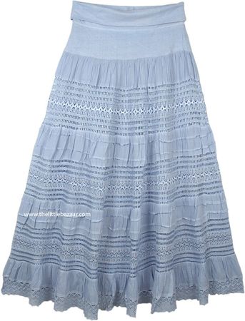 Baby Blue Flexible Yoga Waist Maxi Long Cotton Skirt | Blue | Lace, XL-Plus, Misses, Tiered-Skirt, Maxi-Skirt, Vacation, Beach, Gift, Solid