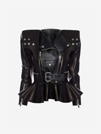 ‎‎‎‎Women‎'s ‎Black ‎ ‎Cropped Leather Peplum Biker Jacket ‎ | Alexander McQueen