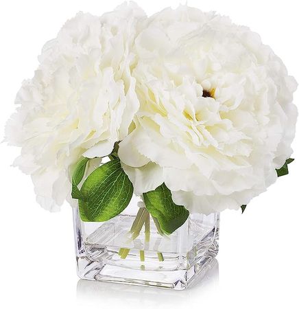 Amazon.com: ENOVA HOME Silk Peony Flowers Arrangements in Cube Glass Vase with Faux Water for Home Table Wedding Centerpiece Decoration (Cream) : Home & Kitchen