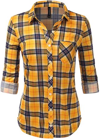 JJ Perfection Women's Roll up Long Sleeve Boyfriend Button Down Plaid Flannel Shirt Mustardnavy Small at Amazon Women’s Clothing store