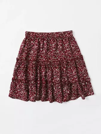 Layered Frill Detail Ditsy Floral Skirt | SHEIN USA red