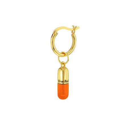 Orange Enamel & 18Kt Gold Plated Mini Pill Hung on a Gold Huggie Earring | True Rocks | Wolf & Badger