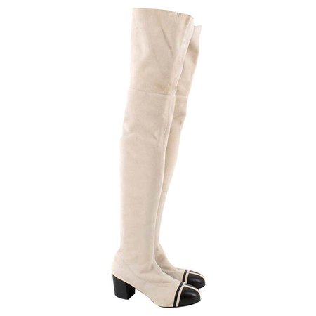Chanel Cream Lambskin Cap Toe Over-the-knee boots 39 For Sale at 1stdibs