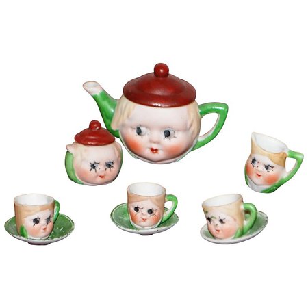 1920's Miniature Doll Tea Set with Hand Painted Faces : Antique World USA | Ruby Lane