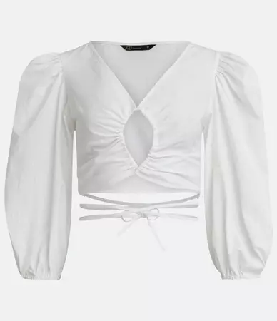 Blusa Cropped em Tricoline com Manga Bufante e Amarração Branco