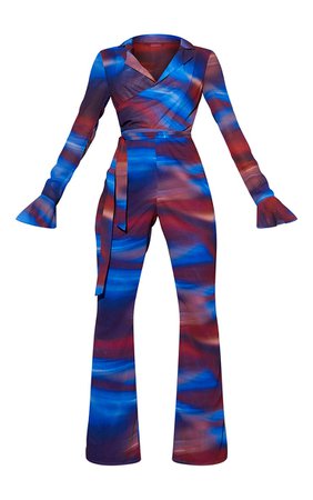 Blue Print Long Sleeve Wrap Chiffon Jumpsuit | PrettyLittleThing USA