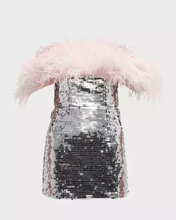 Bronx and Banco Feather-Trim Off-Shoulder Sequin Mini Dress | Neiman Marcus