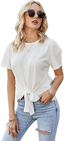 Romwe Women's Short Sleeve Tie Knot Front Tops Round Neck Plain T Shirt Tee at Amazon Women’s Clothing store