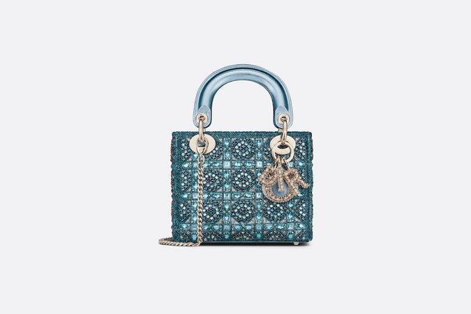 Mini Lady Dior Bag Metallic Calfskin and Satin with Celestial Blue Bead Embroidery | DIOR
