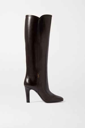 Brown Blu embellished leather knee boots | SAINT LAURENT | NET-A-PORTER