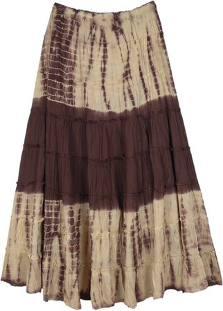 Woody Brown Tie Dyed Tiered Cotton Maxi Skirt | Brown | Tie-Dye, Crinkle, Tiered-Skirt, Maxi-Skirt, Vacation, Beach, Bohemian