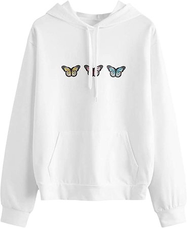 DIDK Women's Long Sleeve Butterfly Print Pullover Drawstring Hoodie Sweatshirt Tops White S at Amazon Women’s Clothing store