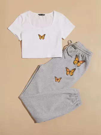 white grey Scoop Neck Butterfly Print Tee & Sweatpants Set | SHEIN USA