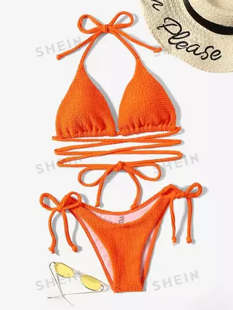 SHEIN Swim Textured Bikini Set Halter Triangle Bra Top & Tie Side Bikini Bottom 2 Piece Bathing Suit | SHEIN USA