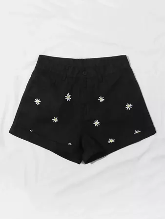 Floral Embroidered Wide Leg Denim Shorts | SHEIN USA black