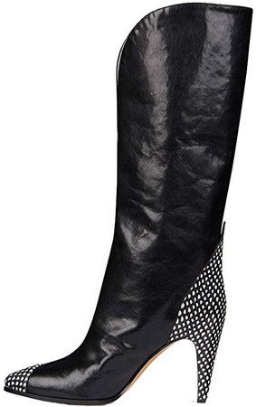 Amazon.com | Themost Cowgirl Thigh High Boots Knee High Wide Calf Boot Winter Combat High Heel Booties Black/White | Boots