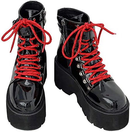 Amazon.com | Parisuit Women's Goth Platform Patent Ankle Boots Chunky High Heel Lace Up Combat Boots Punk Buckle Shoes-Black 1 Size 4 | Ankle & Bootie