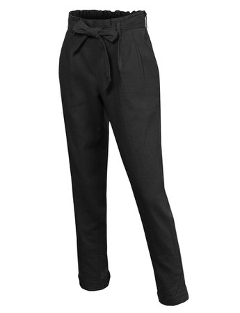 LE3NO Womens Casual Linen Blend Paper Bag Trouser Pants With Pockets | LE3NO black
