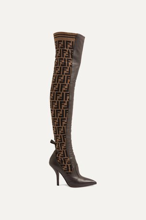 Brown Rockoko logo-jacquard stretch-knit and leather over-the-knee boots | Fendi | NET-A-PORTER