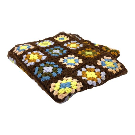 Vintage Brown and Pastel Hand Crocheted Traditional Granny Square Afghan | Chairish