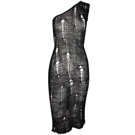 S/S 2003 D&G Dolce and Gabbana Runway Sheer Black Distressed Knit Mini Dress For Sale at 1stdibs