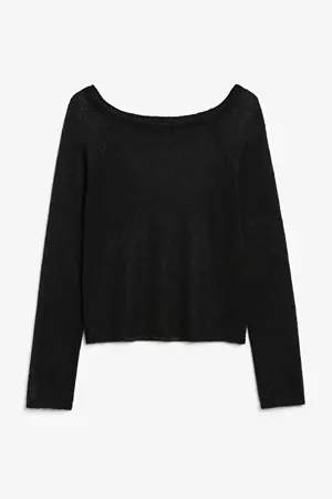 Long sleeve boat neck knit sweater - Black - Monki WW