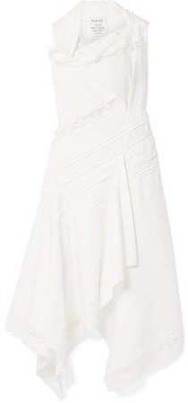 Draped Lace-trimmed Cotton-blend Poplin Midi Dress - White