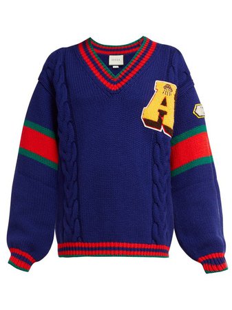 Gucci Terrycloth-appliqué V-neck wool sweater