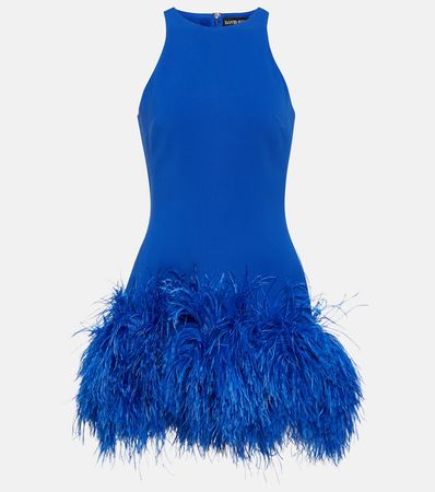 Feather Trimmed Crepe Minidress in Blue - David Koma | Mytheresa