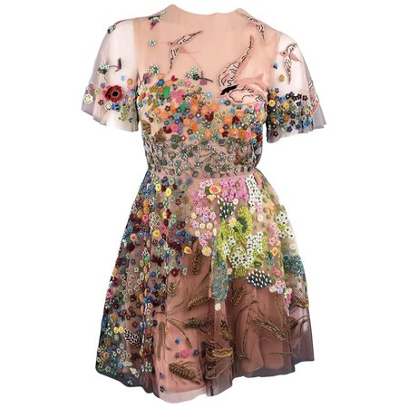 Valentino Silk Floral Bird Embroidered Tulle Cocktail Dress For Sale at 1stdibs